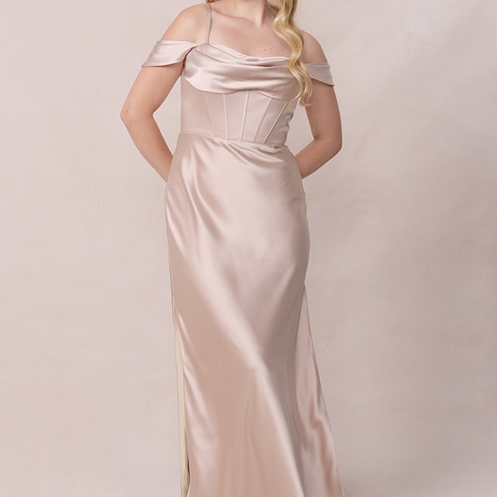 Revelry Blush Bridesmaids Dress - Elegant Off-Shoulder Satin Formal Dress